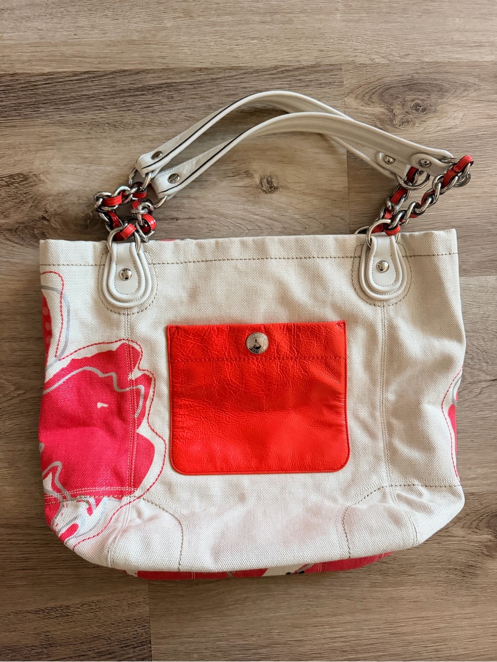 Coach Canvas Floral Tote Bag in Coral and Cream - Picture 2 of 11